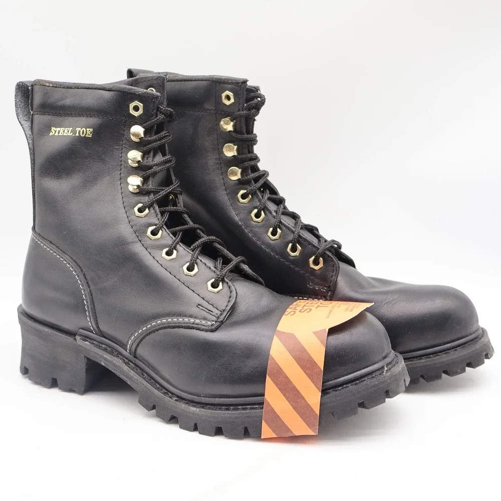 Walker Shoes Steel Toe Work Boots Mens 9.5 EEE Vintage 80s Black Leather 1031